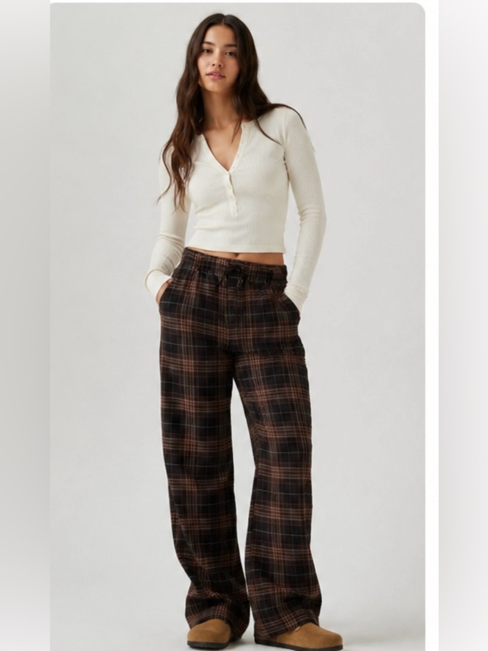 American Eagle Outfitters Brown Plaid Wide-Leg Pants
